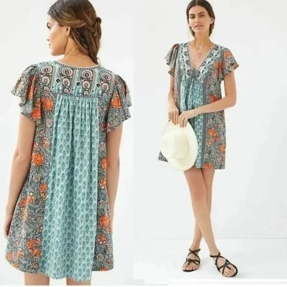 ANTHROPOLOGIE Astrid Blue Orange Floral Print Boho Tunic Mini Dress Size Small - Picture 1 of 7
